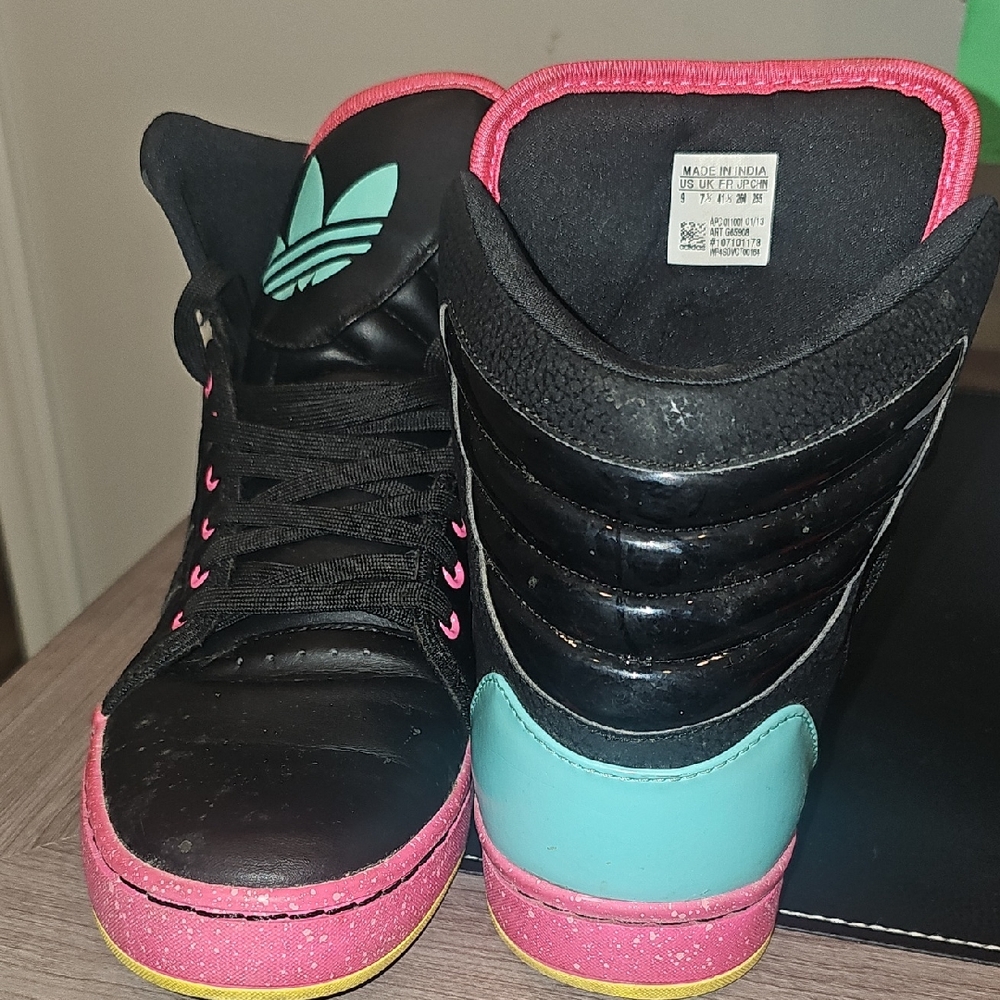 Adidas Black and Pink High-Tops with Teal Accents